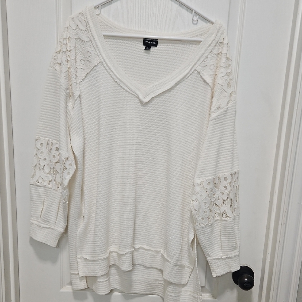Torrid Cream Crochet-Accent Waffle Knit V-Neck Top